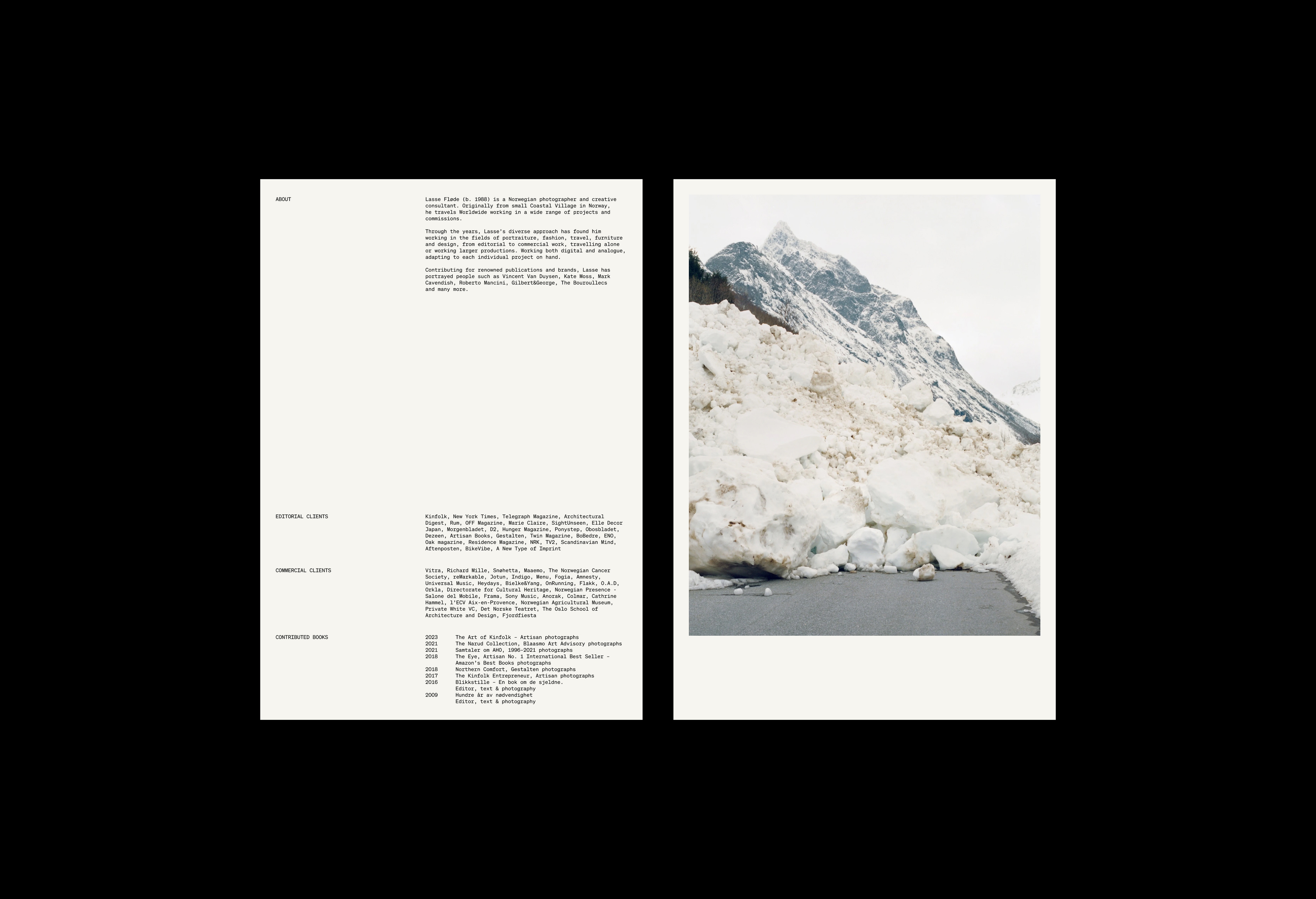 Printed matter about Lasse Fløde with a picture of an avalanche