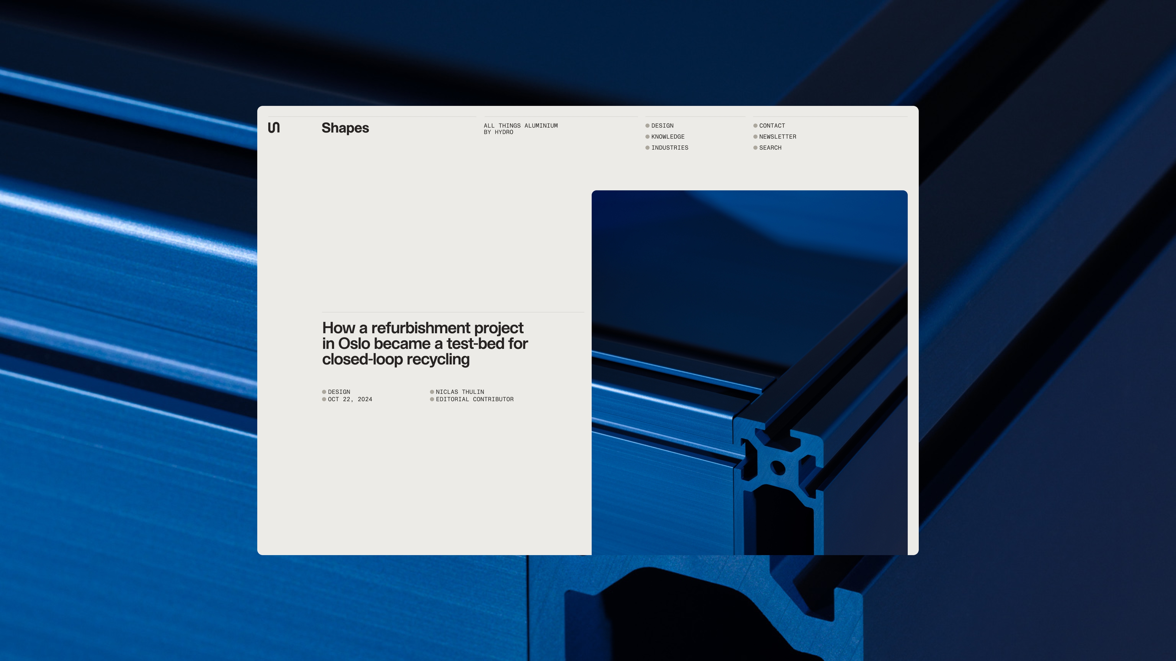 Shapes article layout on closed-loop recycling, over blue aluminium extrusions