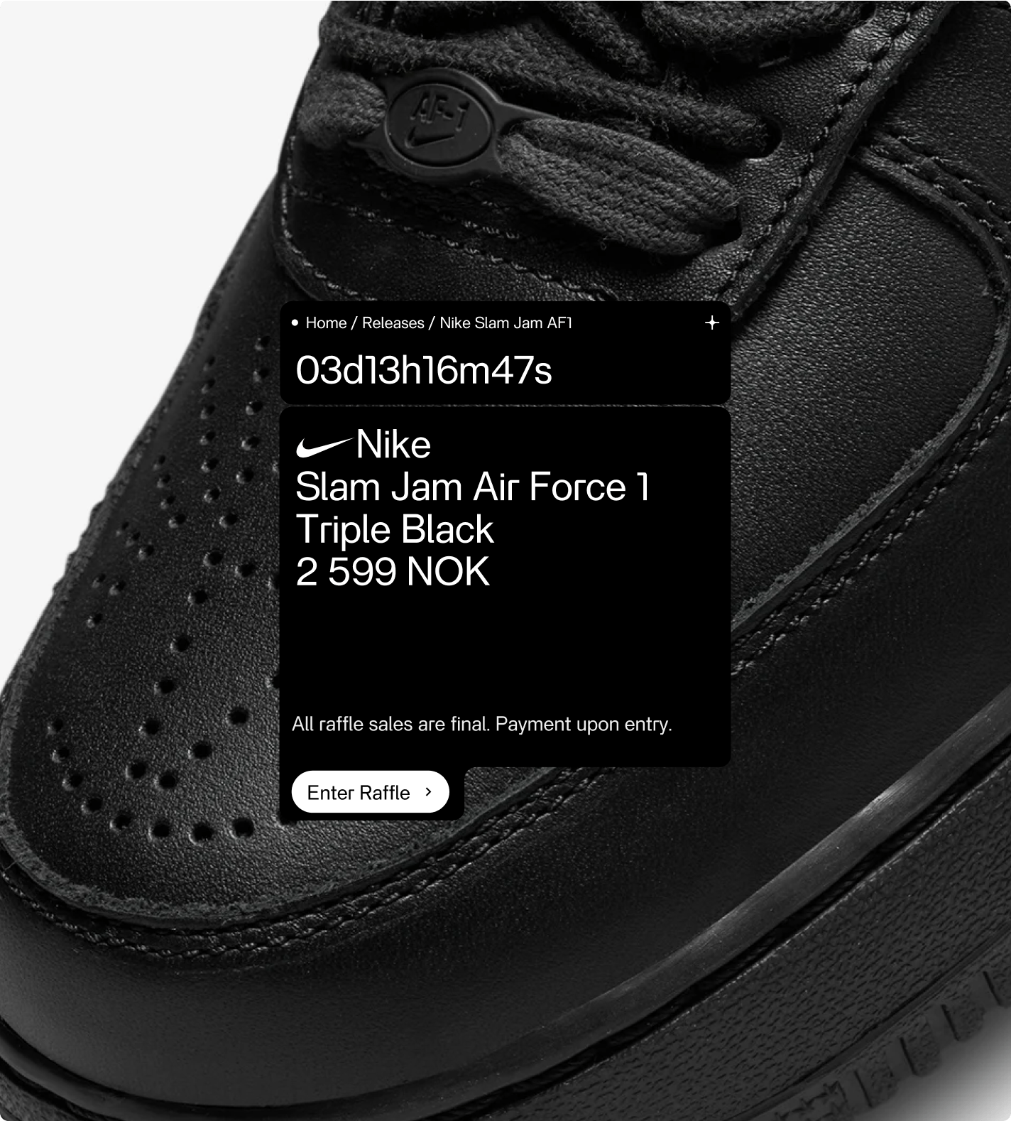 Footwear release card layout overlaying a picture of Nike Slam Jam Air Force 1 Triple Black